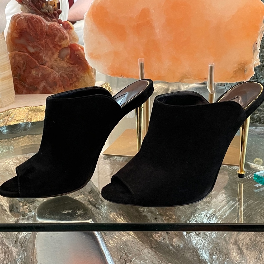 Authentic Tom Ford Black Suede Peep Toe Slide Mules